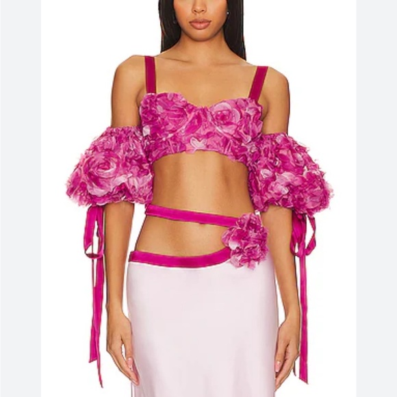 For Love and Lemons Autumn Crop Top in Pink Roses Puff Sleeve Satin Straps NEW - Picture 1 of 12